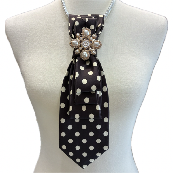 Custom Necktie Necklace - Brown Ivory Dot w Dsgr Ins Brooch 
