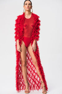 Chiffon ruffle duster paired with a pair of your favorite jeans or the latest swim wear is sure to have you looking chic.