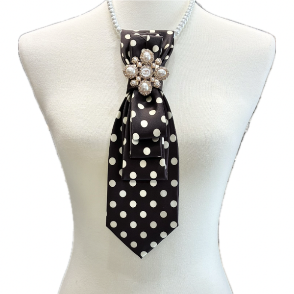 Custom Necktie Necklace - Brown Ivory Dot w Dsgr Ins Brooch 