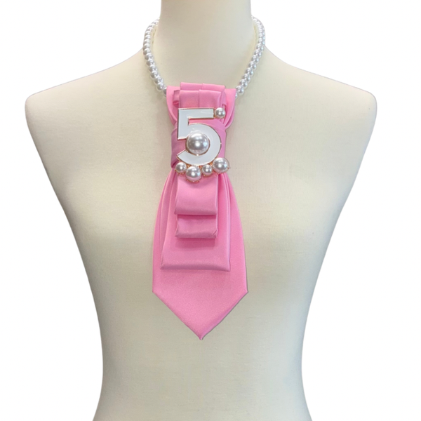 Custom Necktie Necklace- Pink Satin w #5 Designer Inspired Brooch