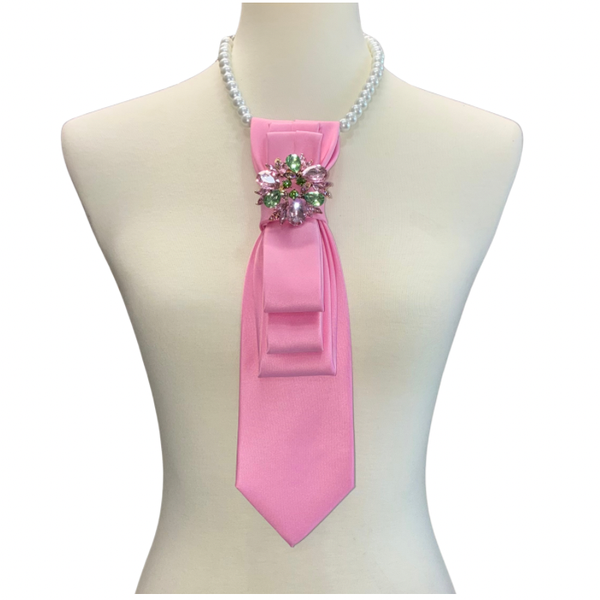 Custom Necktie Necklace - Pink w Pink/Green Floral Brooch 