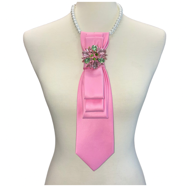 Custom Necktie Necklace - Pink w Pink/Green Floral Brooch 