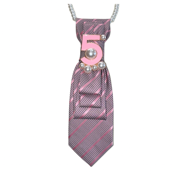 Custom Necktie Necklace - Pink Plaid/Stripe w #5 Designer Inspired Brooch