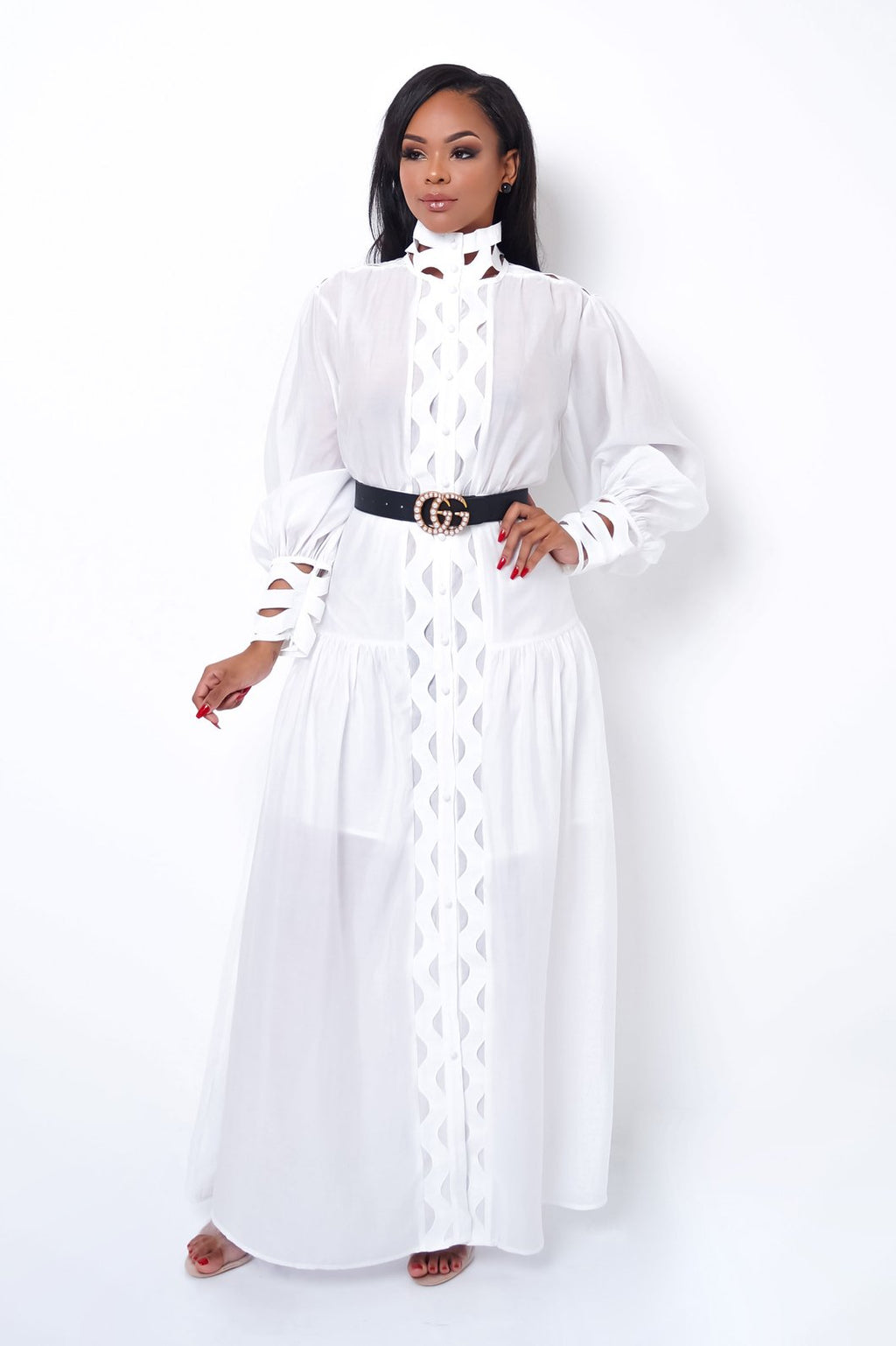 Weekend getaway approved. This all white  Off To The Hamptons Goddess Maxi  is a long sleeved dream.   Complete this look with a high fashion turtle neckline, paired with your latest clear heels or mules.  with your favorite clear heel or mules. 