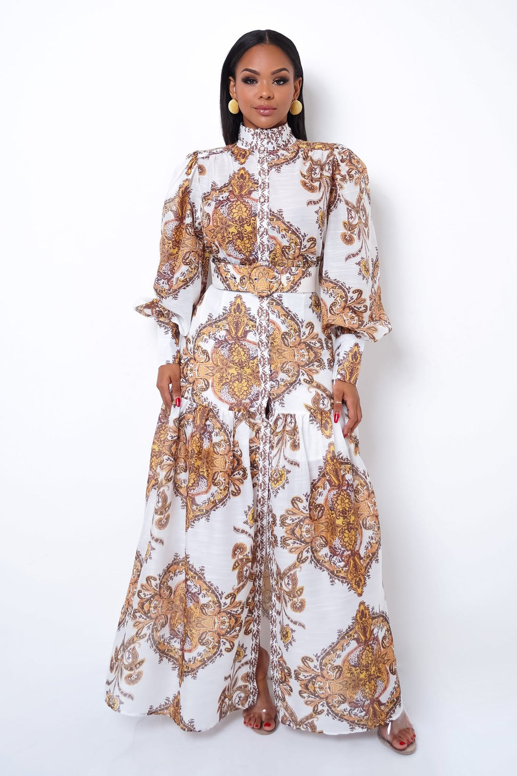 This is a piece that can be worn year round. Accent pearl buttons accompany this maxi down the dress and the on the sleeve. This number is definitely A shift dress for multipurpose wear. Don’t miss out because it won’t last long. 