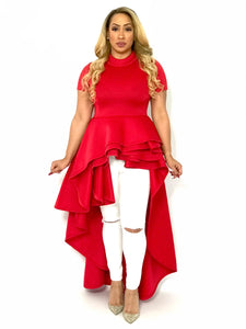 Solid long body top in a relaxed fit, with short sleeves, a mock neckline, tiered layer hem, and a floor length pleated hi-lo hem.   