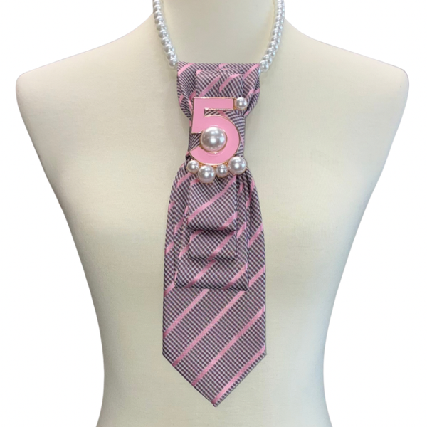 Custom Necktie Necklace - Pink Plaid/Stripe w #5 Designer Inspired Brooch